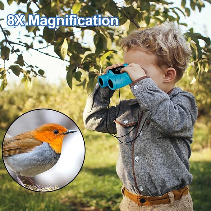Binoculars for Kids 8x21, Gift for 3-12 Years Boys & Girls, Compact Kids Binoculars High-Resolution Shockproof Mini Binoculars for Bird Watching, Hiking, Camping, Travel Blue 302