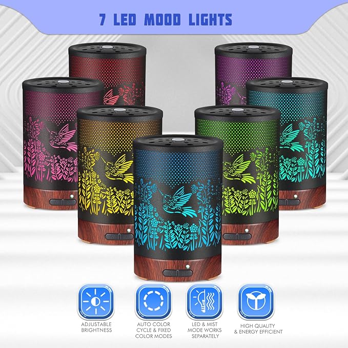 Metal Essential Oils Diffuser 150ML Aromatherapy Diffuser Cool Mist Humidifier with 7 Colors Lights Waterless Auto Off Air Diffusers as Gifts for Moms Women Girls (D-Hummingbird)
