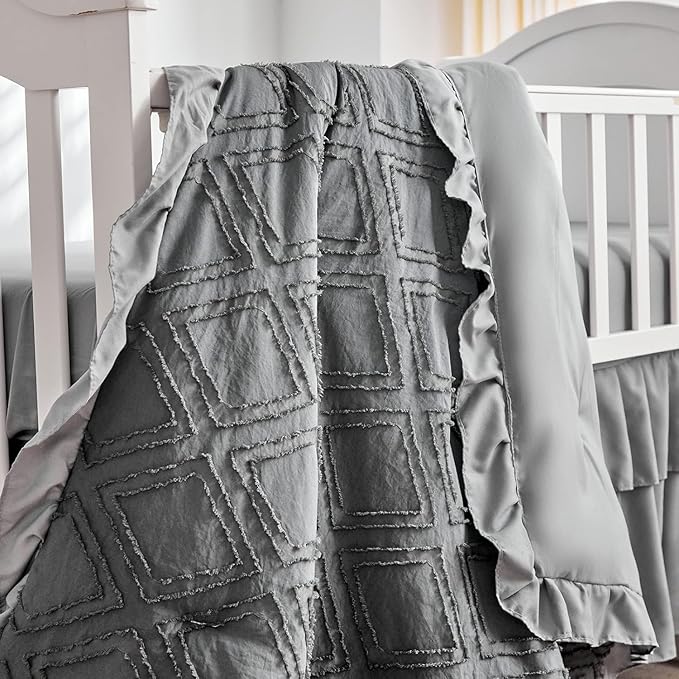 Mini Crib Bedding Set 3 Pieces Baby Boho Quilted Tufted Ruffles Comforter with Fitted Sheet and Ruffled Bed Skirt - Cute Shabby Baby Bedding Fits Mini Crib Only Gray