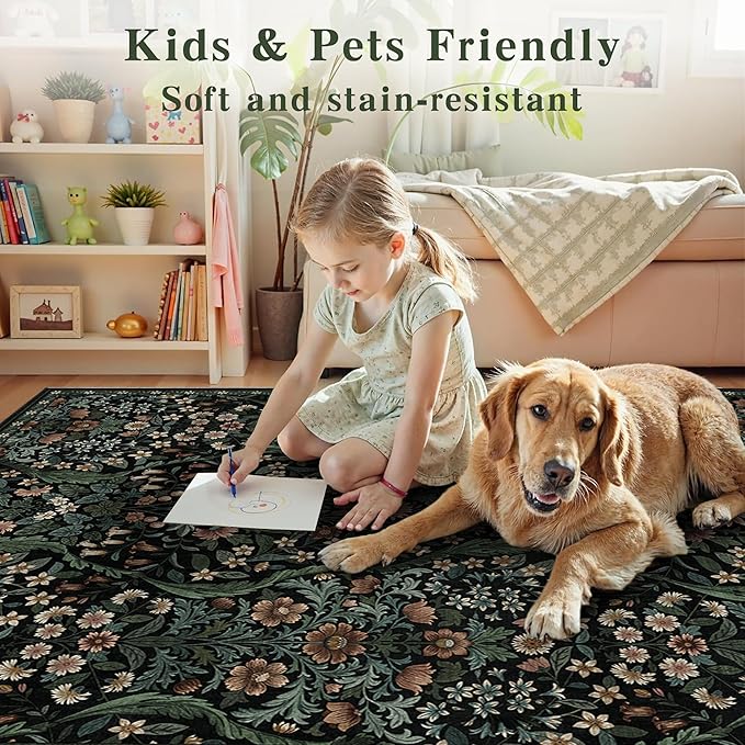 2x6 Washable Runner Rug,Black Floral Boho Area Rug for Hallway,Low-Pile Non-Slip Stain Resistant Carpet for Kitchen, Bedside,Laundry Room,Entryway