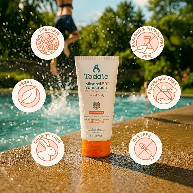 Prebiotic Mineral Sunscreen SPF 50 for Kids & Baby, Face & Body Sun Protection, Reef Safe, Non-Toxic Zinc Oxide Broad Spectrum, Water-Resistant, No White Cast, Travel Size 1.7oz & 6oz Bundle