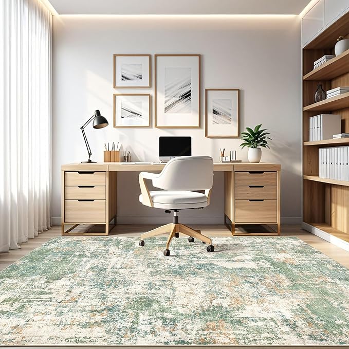 10x14 Area Rugs Living Room: Washable Large Abstract Soft Green Rug Stain Resistant Indoor Floor Non-Slip Accent Carpet for Men Modern Home Enthusiasts Aged 25-45 - Bedroom Office Playroom