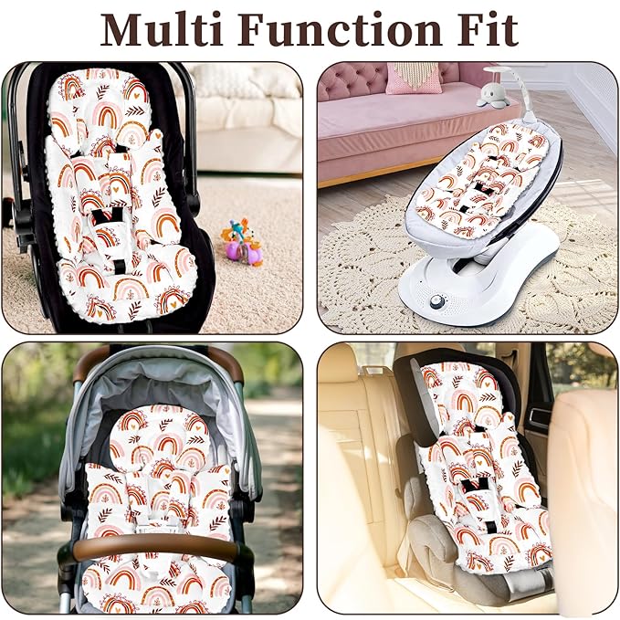 Pea Pod Infant Car Seat Insert with 3 Strap Covers, 3 in 1 Reversible Rainbow Baby Car Seat Head Support for Newborn, 3D Soft Minky Carseat Cushion for Preemie to Infant, Stroller, Swing, Bouncer
