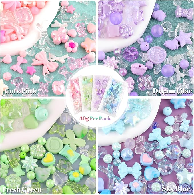 Assorted 180-240PCS Acrylic Beads for Bracelet Making, Flower Bow Butterfly Candy GummyBear Aesthetic Bracelet Charms,Cute Beads for Jewelry Making DIY Necklace Keychain Phone Charm
