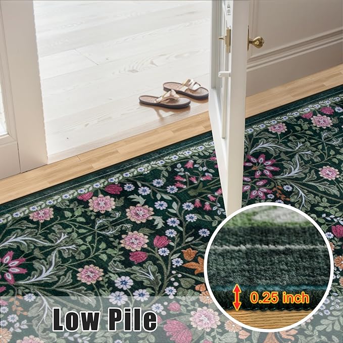 10x12 Area Rugs for Living Room: Floral Washable Rug Vintage Large Soft Boho Non-Slip Carpet Stain Resistant Low Pile Carpets for Bedroom Dining Room Farmhouse Nursery Hallway Home Office Dark Green