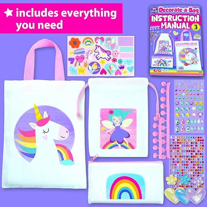 KRAFUN Decorate-a-Bag Craft Kit for Kids 5+ Years, Unicorn & Fairy Theme with Stickers & Gems, 3 DIY Customizable Bags, Step-by-Step Instructions, Creative Activity Set Girls & Boys, Educational Toy