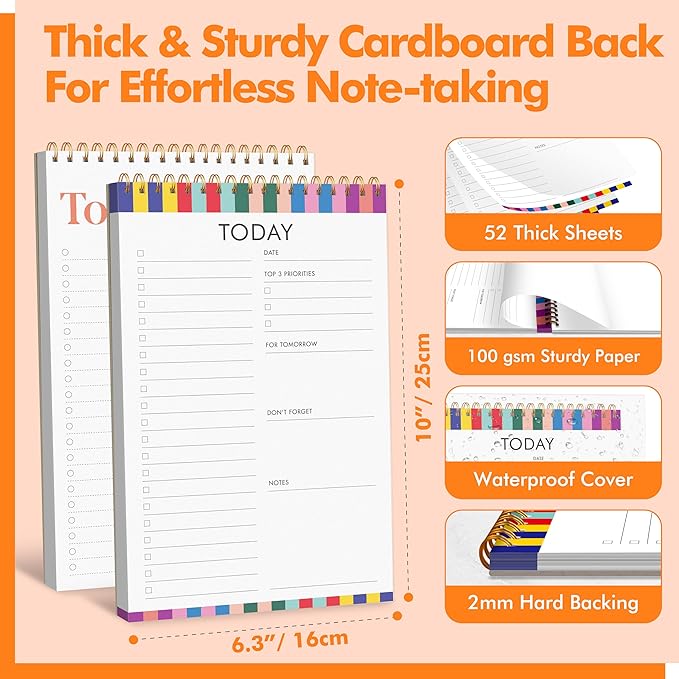 2 To Do List Notepads, Daily Planner Notebook with Tear-off Design, Undated Writing Organizer for Daily Tasks and Goal, Coiled Task Track Checklist Productivity Pad for Office, Classroom, Home, School