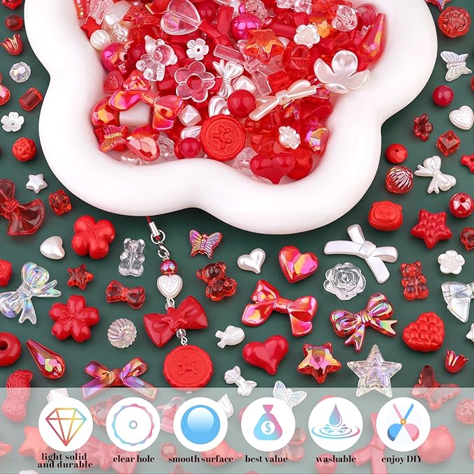 Assorted 170-230PCS Red Acrylic Beads for Bracelet Making, Flower Bow Butterfly Candy GummyBear Aesthetic Bracelet Charms,Cute Beads for Jewelry Making DIY Necklace Keychain Phone Charm