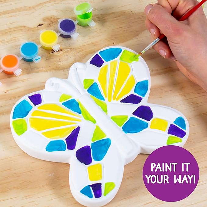 Creative Roots Mosaic Butterfly Stepping Stone Kit, Includes 7-Inch Ceramic Stepping Stone & 6 Vibrant Paints, Paint Your Own Stepping Stone, DIY Stepping Stone for Kids Ages 8+ White