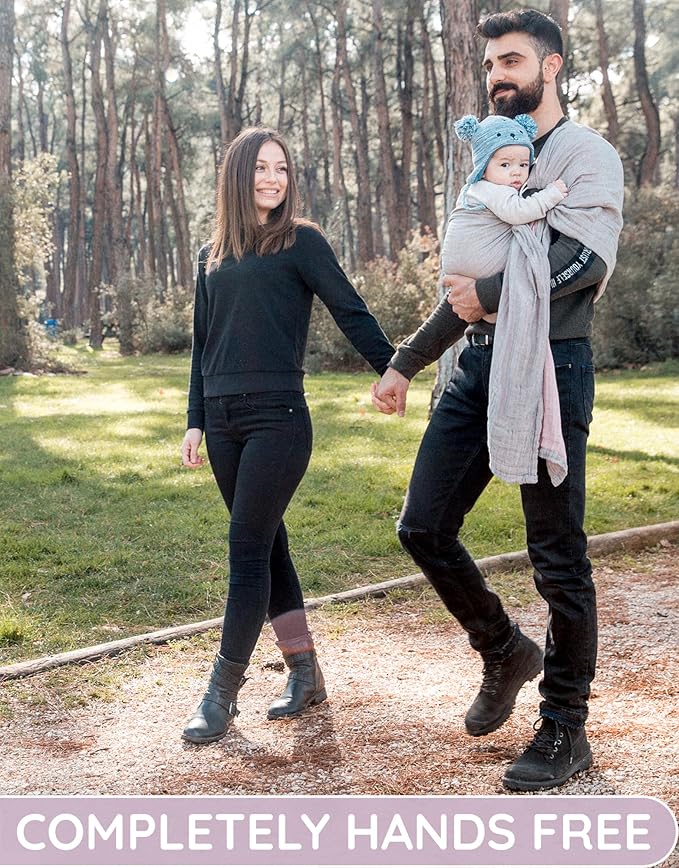 Baby Sling Carrier – Breathable 100% Cotton Wrap for Infant Support, Ring Sling Baby Carrier – Adjustable Muslin Fabric, Baby Carrier Newborn to Toddler – Grey Rose Soft Chest Hold for Travel