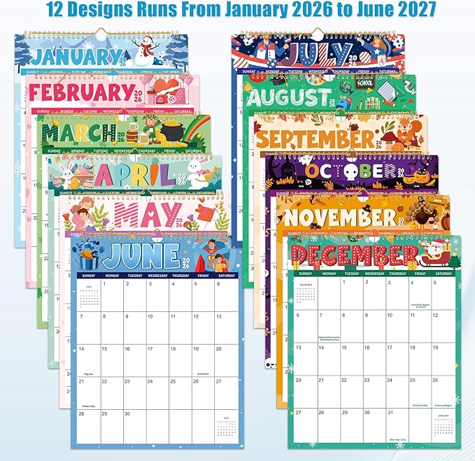 Wall Calendar 2026-2027, 18 Month Calendar from January 2026 to June 2027 14.5" x 11.8" Large Desk Calendar with Twin-Wire Binding for Home Office Planning Personal Organisers, Festival Style