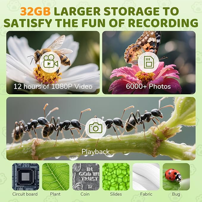 Microscope for Kids, Aurosports Kids Microscope Handheld, 1000X Pocket Miniscope Portable with Photo & Video - 2 Inch HD IPS Screen 32GB Digital Microscopes for Boys Girls Gifts