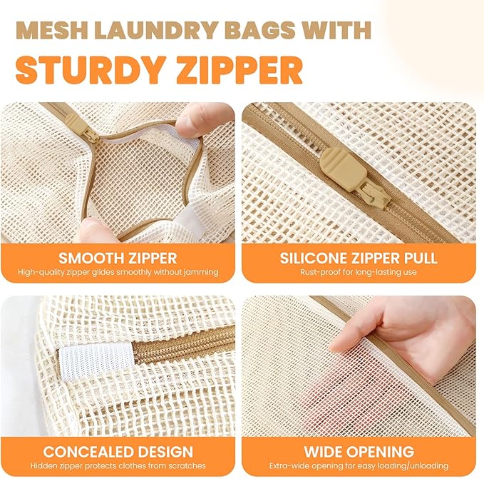 4Pcs Cotton Mesh Laundry Bags for Delicates,Breathable Mesh Garment Bag for Washing Machine, Travel Wash Bags with Zipper for Bras, Underwear, Socks, Clothes, Laundry Dorm Room Essentials(S-XL)