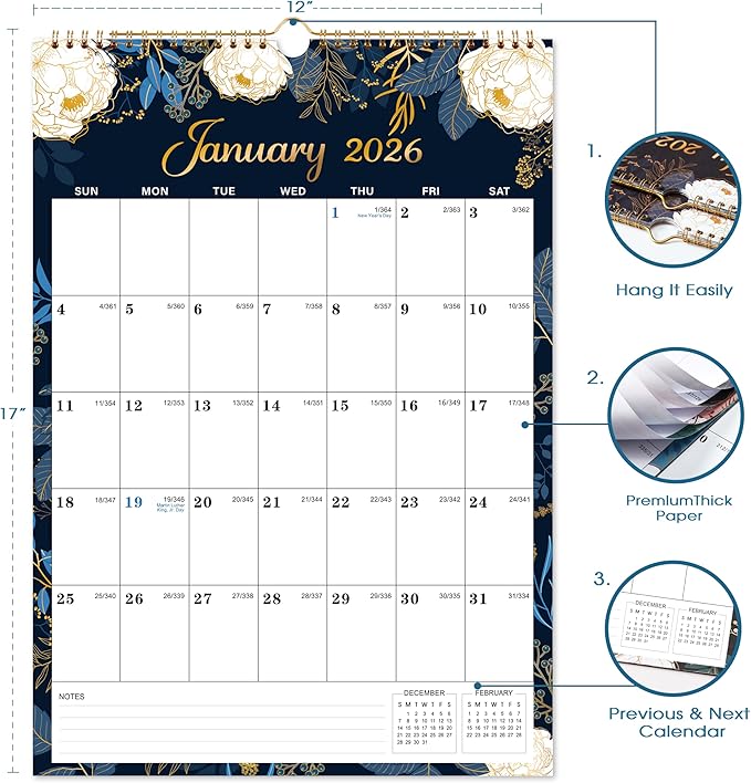 Calendar 2026 - Wall Calendar 2026, 12 x 17 In, Jan. 2026 - Dec. 2026, 12 Months Calendar 2026, Twin-Wire Binding, Hanging Hook, Thick Paper, Unruled Blocks, Julian Dates