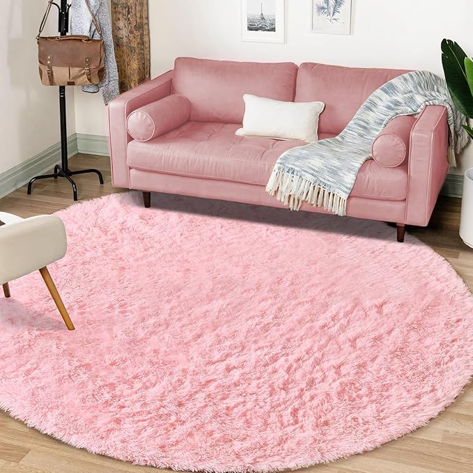 4FT Round Rug for Bedroom: Fluffy Shag Soft Washable Rugs Circle Small Fuzzy Plush Indoor Carpet for Living Room Nursery Playroom Dorm Kids Girls Boys Room (Pink, 4'x4')