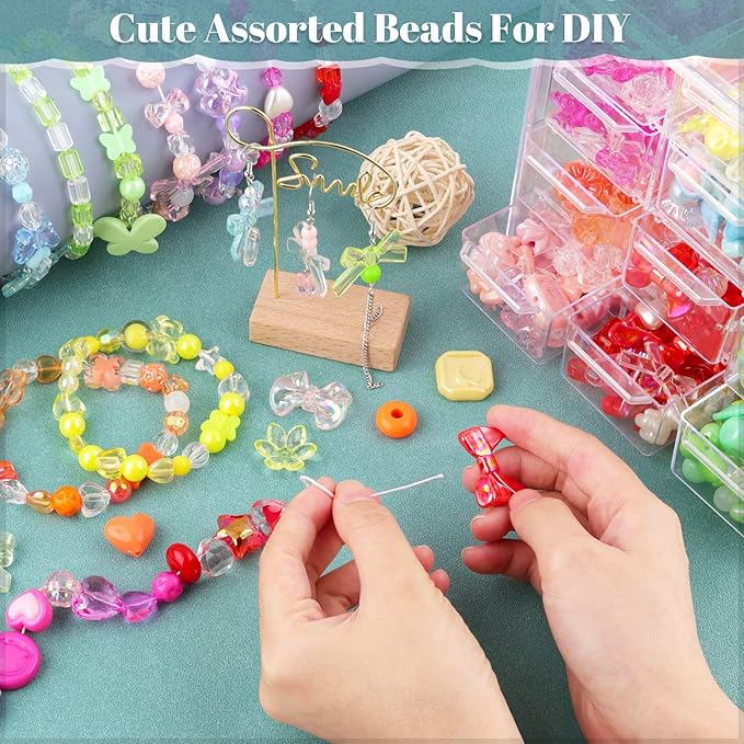 Assorted 180-240PCS Acrylic Beads for Bracelet Making, Bow Butterfly Candy Heart Gummy Bear Kawaii Aesthetic Bracelet Charms,Cute Beads for Jewelry Making DIY Necklace Keychain Phone Charm