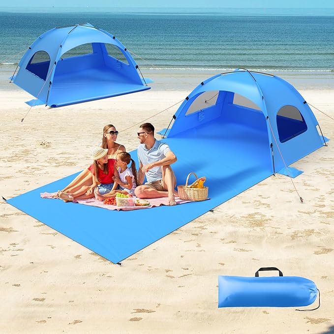 Beach Tent Sun Shelter with Extended Sand Mat 114×82inch，UPF 50+ Protection, 3 Double-Layer Windows for Enhanced Privacy; Portable Beach Shade, 3-4 People. Windproof and Waterproof