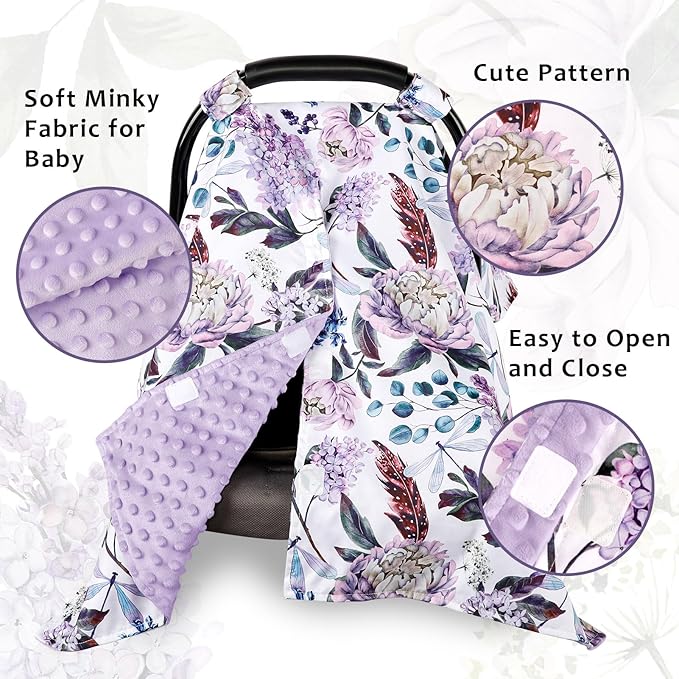 Car Seat Cover Baby, Infant Car Seat Canopy Covers for Newborn Girls Boys, Soft Breathable Mink Carseat Covers Stretchy Multi-Use Nursing Cover for Stroller Baby Car Seat, Purple Flroal