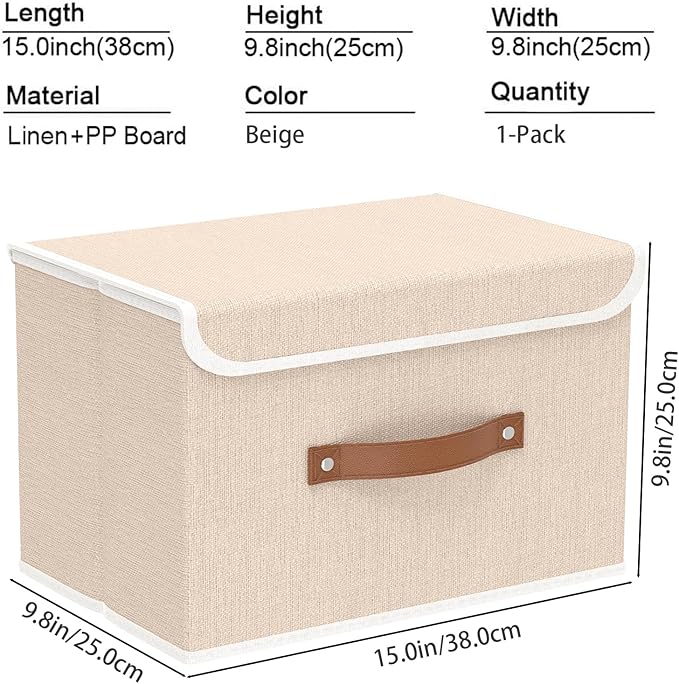 Yawinhe Collapsible Storage Boxes, Linen Fabric Baskets, Bin with lid and Leather Handle, Washable, for Home, Closet, Beige, 15.0''Lx9.8''Wx9.8''H, 1-Pack, USNK024BEL-1