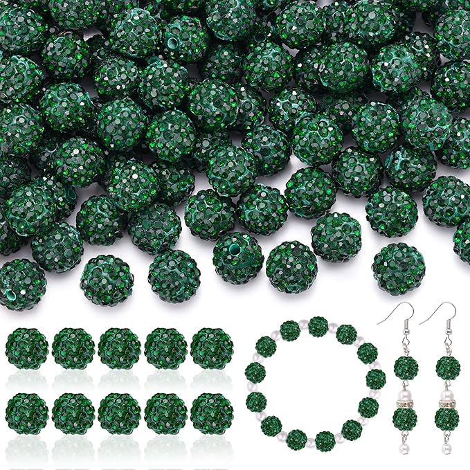 200pcs 10mm Rhinestone Beads for Jewelry Making, Dark Green Shiny Round Disco Ball Beads Bulk, Sparkle Crystal Clay Christmas for Bracelet Baseball Necklace Earring Crafting and DIY