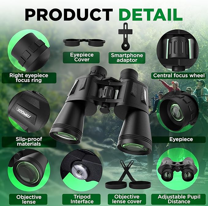 Binoculars with Smart Phone Bracket Adapter, Militar, 20x50, Adults, Bird Watching, High Power Waterproof with Low Light Night Vision for Hunting, Travel, Games, Carrying Case Strap.