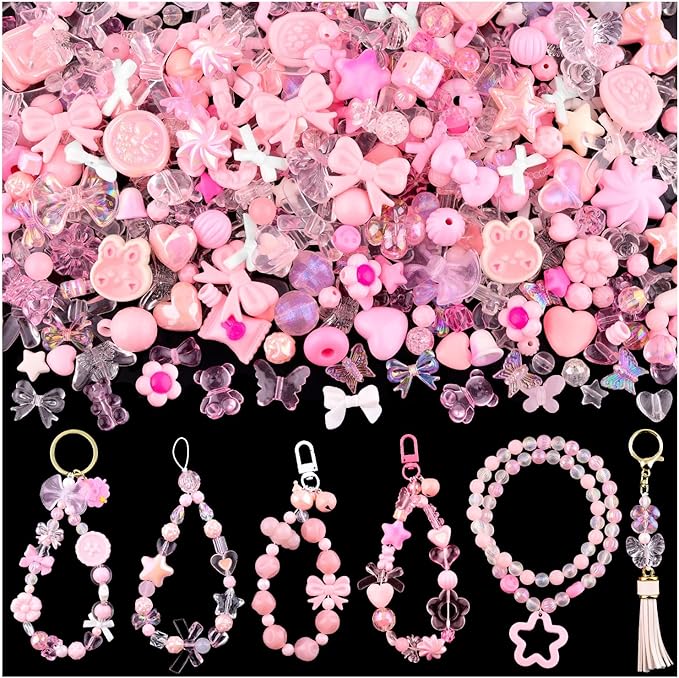 Assorted 170-230PCS Pink Acrylic Beads for Bracelet Making, Flower Bow Butterfly Candy GummyBear Aesthetic Bracelet Charms,Cute Beads for Jewelry Making DIY Necklace Keychain Phone Charm