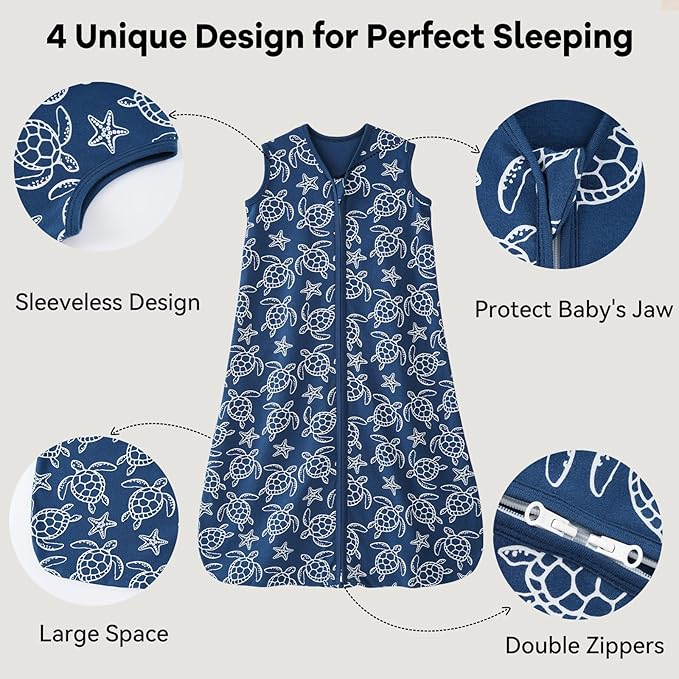 Baby Sleep Sack 0-6 Months 0.5 Tog Wearable Blanket Baby, 3 Pack 100% Cotton Lightweight Sleeping Sack with 2-Way Zipper for Newborn Infant Shark