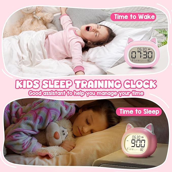 Kids Alarm Clock with Night Light for Kids, Small Digital Alarm Clocks for Bedrooms, Routine Builder, Cute Cat Alarm Clock with Sleep Training, Snooze, 12/24H, Date & Day, Temperature, USB Port