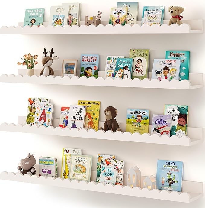 Nursery Book Shelves, 4-Pack White Floating Shelves for Wall Kids, Scalloped Shelves, Wall Book Shelves for Bedroom Kids, Toddler Room, Baby Room, Nursery Decor (White, 36 Inches)