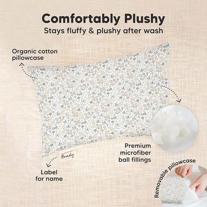 Mini Toddler Pillow with Pillowcase - 9x13 My Little Dreamy Travel Kids Pillow for Sleeping, Toddler Bed, Small, Tiny, Organic Cotton Pillowcase, Soft & Breathable, Kids 2-4 Years Old (Prairie)