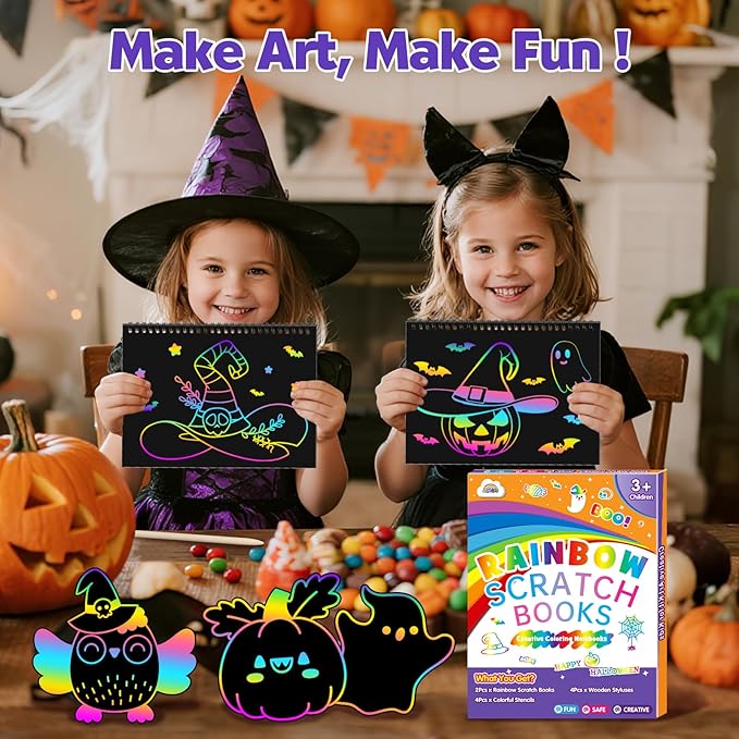 ZMLM Scratch Paper Art Craft: 2 Pack Rainbow Scratch Set for 3 4 5 6 7 8 9 10 Years Old Girls Boys Students Drawing Coloring Black Magic Art Supplies Kits Gifts School Birthday Party Toys(Halloween)
