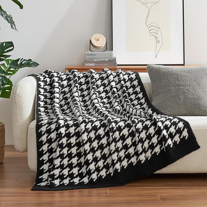 Snuggle Sac Houndstooth Throw Blanket for Couch, Reversible Super Soft Warm Blankets Cozy Knit Fuzzy Plush Lightweight Throws for Sofa, Bed, Camping, Black,50x60 inches
