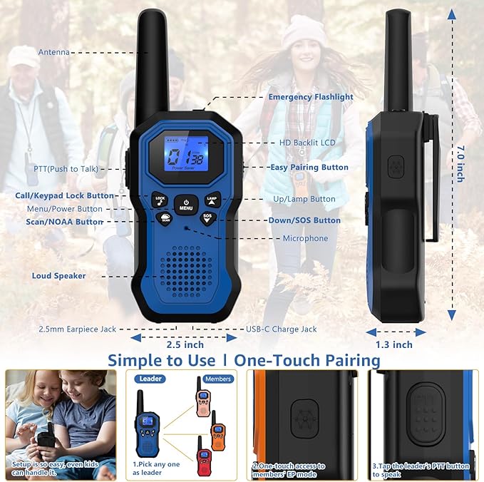 2 Way Radios for Adults Long Range Walkie Talkies for Kids Rechargeable 4 Pack, Camping Hiking Skiing Cruising Gear with Lamp, USB-C, SOS Siren, NOAA Alert, iVOX Hands-Free, One-Touch Pairing