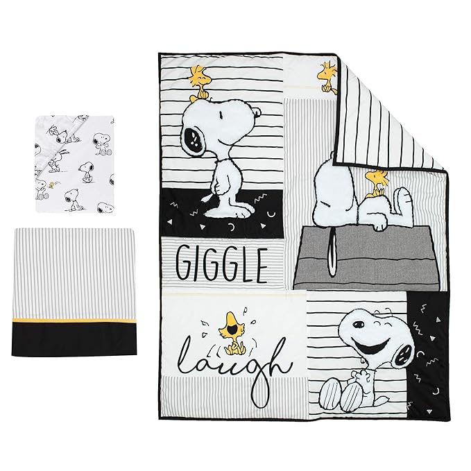 Lambs & Ivy Classic Snoopy White/Black/Gray 3-Piece Baby Crib Bedding Set