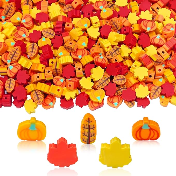 YQUQWN 200 PCS Fall Polymer Clay Beads Thanksgiving Maple Leaf Pumpkin Clay Beads for Jewelry Making Autumn Necklace DIY Bracelet Fall Accessories Party Supplies Craft Kits