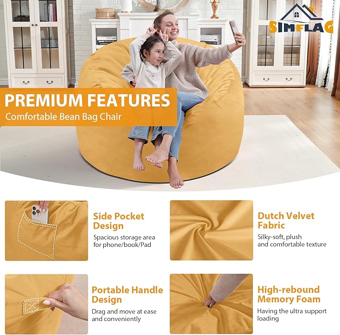 3FT Bean Bag Chair, Comfy Bean Bag Chairs with Memory Foam Filled, Fluffy Beanbag Sofa with Dutch Velvet Cover, Round BeanBag Chairs for Living Room, Playroom - Mustard
