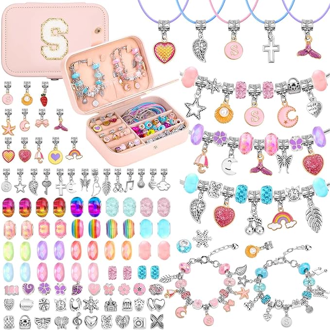 Charm Bracelet Making Kit with Bracelet Organizer Box Beads Mermaid Pendants for Jewelry Making DIY Craft Kit for Birthday Gifts Valentine Christmas