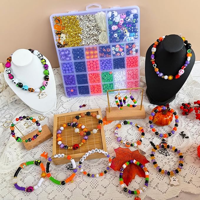 3140Pcs Halloween Beads for Bracelet Jewelry Making Kit, Halloween Clay Beads Black White Orange Purple Pumpkin Round Letter Star Skull Bead Bulk with Ghost Witch Hat Charm for DIY Craft Earring