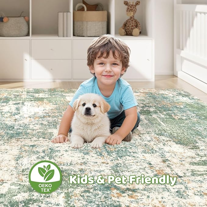 10x14 Area Rugs Living Room: Washable Large Abstract Soft Green Rug Stain Resistant Indoor Floor Non-Slip Accent Carpet for Men Modern Home Enthusiasts Aged 25-45 - Bedroom Office Playroom