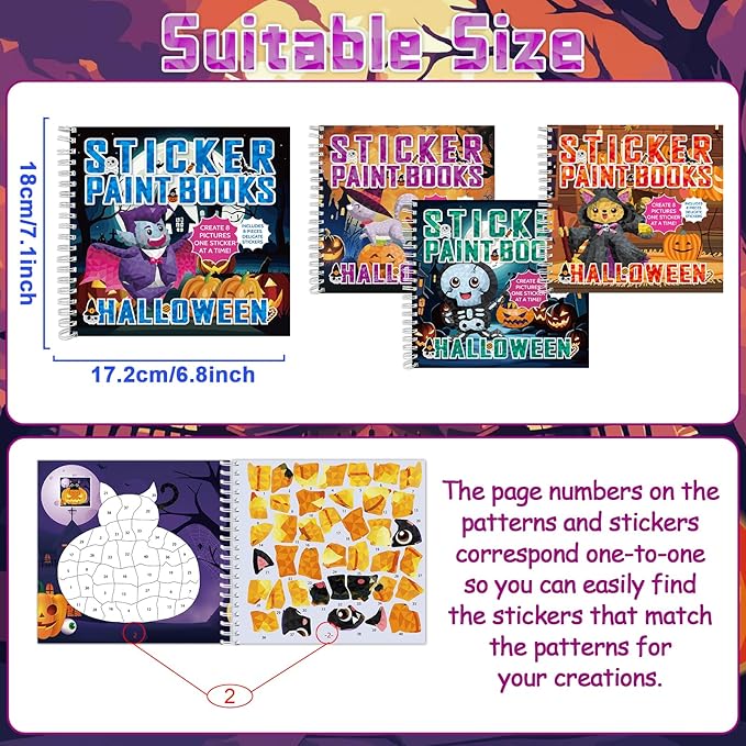 4Pcs Halloween Paint by Sticker Books for Kids Ages 4-8 Halloween Pumpkin Ghost Witch Sticker by Number Books Activity Book for Kids Puzzle Book Craft Art Gift Holiday Party Favors Create 32 Pictures