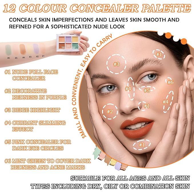 12 Colors Correcting Concealer Contour Makeup Palette, 6 in 1 Color Corrector Palette,Highlighting Concealer Palette Contouring Liquid Foundation Makeup Kit with Brush（2PCS）
