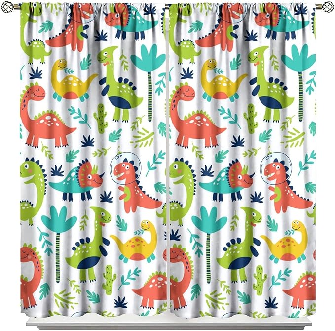 Rustic Dinosaurs Curtains Colorful Dino Kids Boys Cartoon Cute Cool Funny Decor Printed Blackout Rod Pocket Window Drapes for Living Room Bedroom W26xL84in 2 Panels