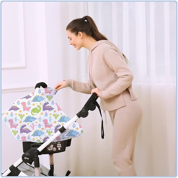 Car Seat Covers Canopy Cover - Multi-use Cover Carseat Canopy, Breathable Breastfeeding Cover, Car Seat Covers for Bbies, Boys & Girls Shower Gifts (Colorful Dinosaur)