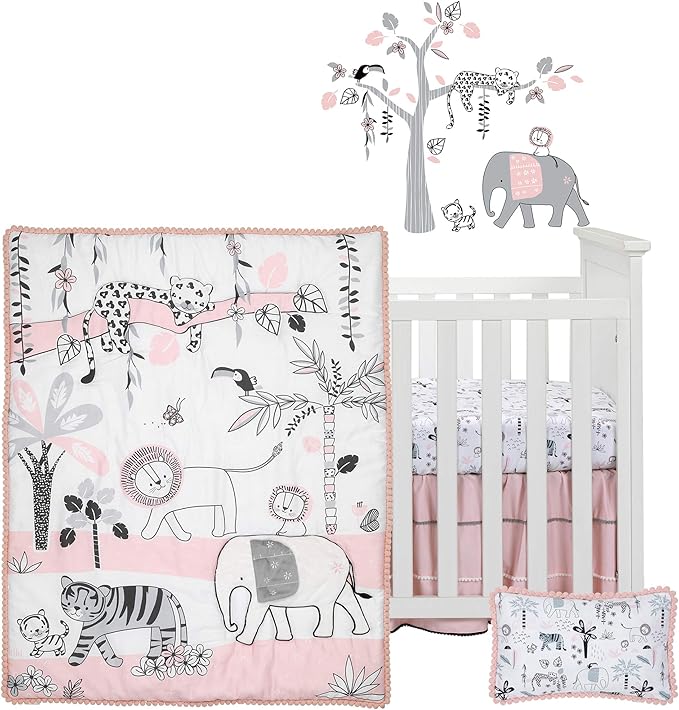 Lambs & Ivy Happy Jungle Pink/White Safari Nursery 5-Piece Crib Bedding Set