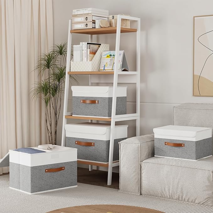 Yawinhe Storage Boxes with Lids, Linen Fabric Bin, Cube Organizer Basket, Washable and Leather Handle, for Home, Closet, White/Grey, 15.0''Lx9.8''Wx9.8''H, 7-Pack, USNK024WGL-7