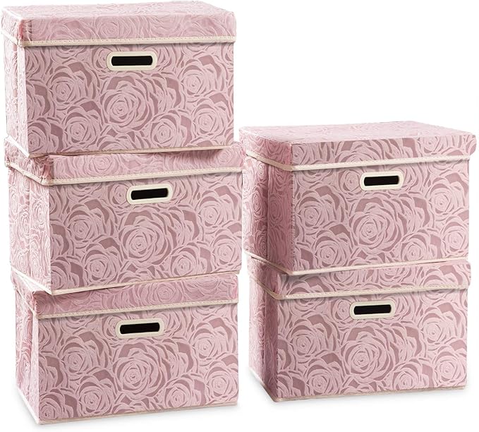PRANDOM Collapsible Storage Boxes with Lids [5-Pack] Fabric Decorative Storage Bins Cubes Organizer Containers Baskets with Cover Handles Divider for Bedroom Closet Living Room Pink 14.9x9.8x9.8 Inch