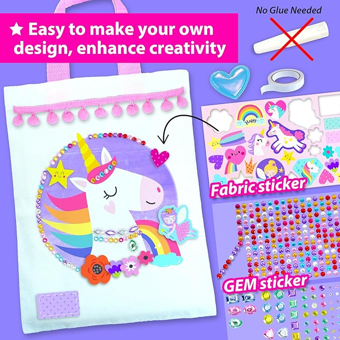KRAFUN Decorate-a-Bag Craft Kit for Kids 5+ Years, Unicorn & Fairy Theme with Stickers & Gems, 3 DIY Customizable Bags, Step-by-Step Instructions, Creative Activity Set Girls & Boys, Educational Toy
