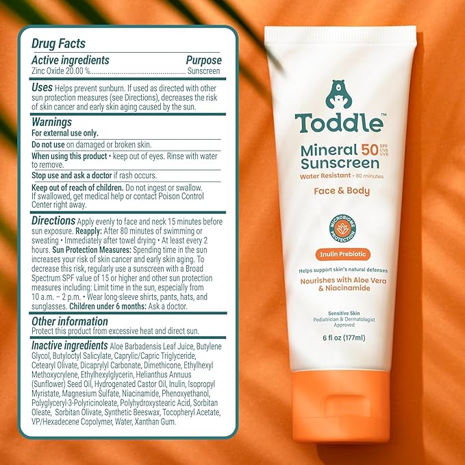 Prebiotic Mineral Sunscreen SPF 50 for Kids & Baby, Face & Body Sun Protection, Reef Safe, Non-Toxic Zinc Oxide Broad Spectrum, Water-Resistant, No White Cast, Travel Size 1.7oz & 6oz Bundle