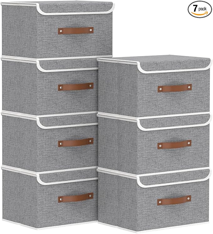 Yawinhe Collapsible Storage Boxes, Foldable Bin with Lids, Cube Clothes Organizer Basket with Handles, Grey, 13.0''Lx9.0''Wx7.9''H, 7-Pack, SNK024GS-7