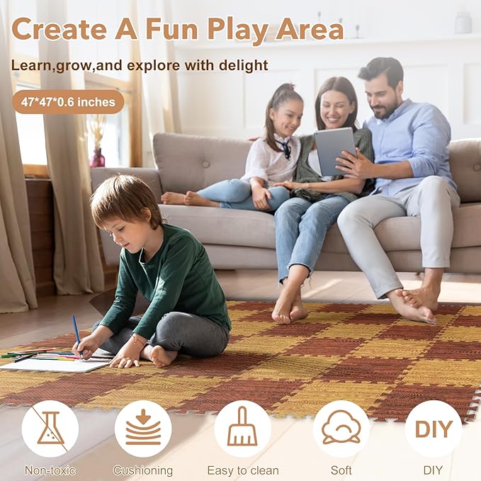 Skyweaver 24 Tiles Soft Non-Toxic Baby Play Mat for Floor EVA Foam Jigsaw Puzzle Play Mat, Interlocking Squares with 0.6inch for Babies, Toddlers & Kids Gym, Nursery, Playroom,Brown